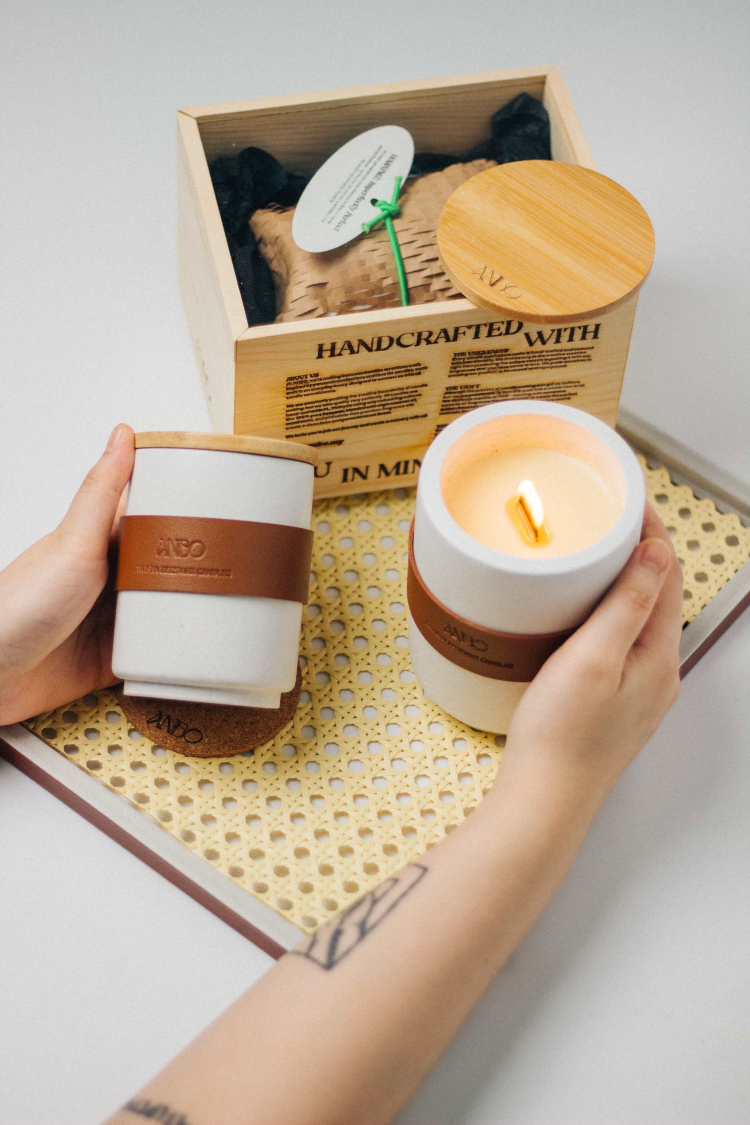 ANBO Concrete Series Beeswax Candles & Wood Box Packaging