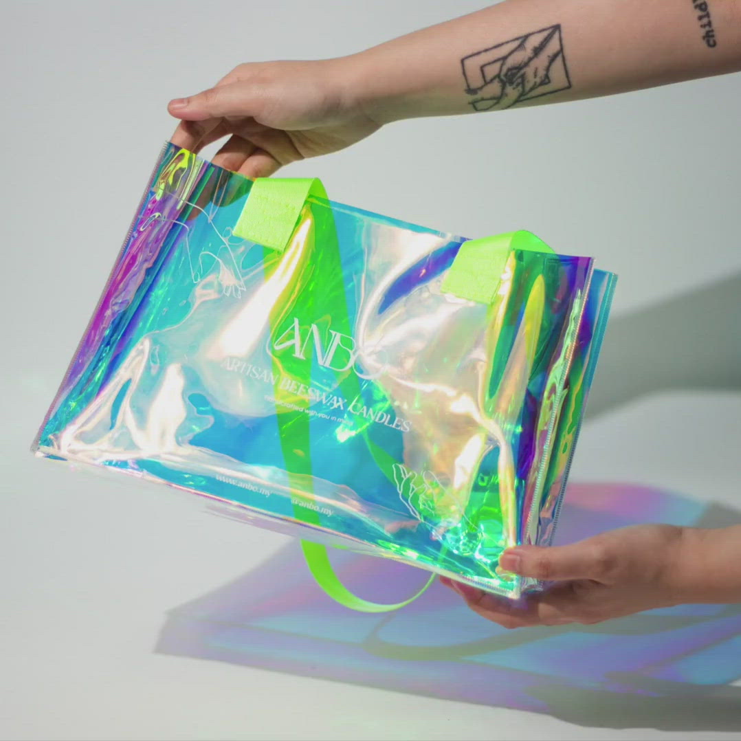 Premium PSD | Holographic big gift bag mockup, left view